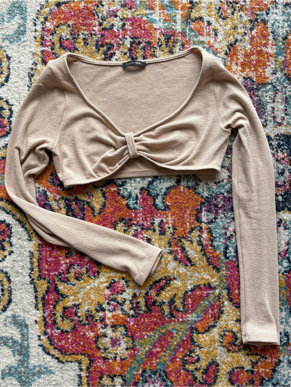 Papermoon Beige Twist-Front Cropped Long Sleeve Top